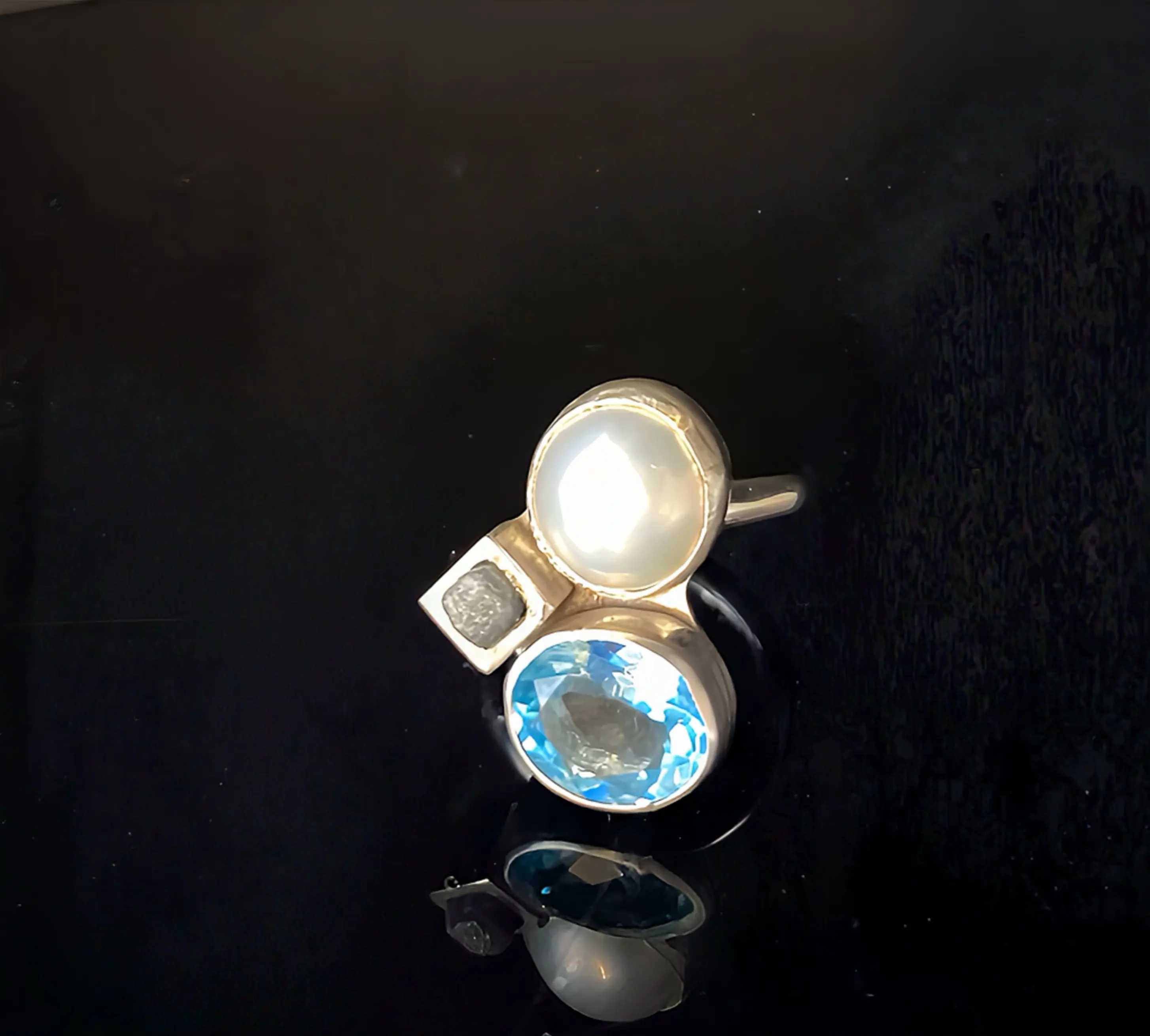 Topas, Mabeperle, Rohdiamant Ring Gr. 59